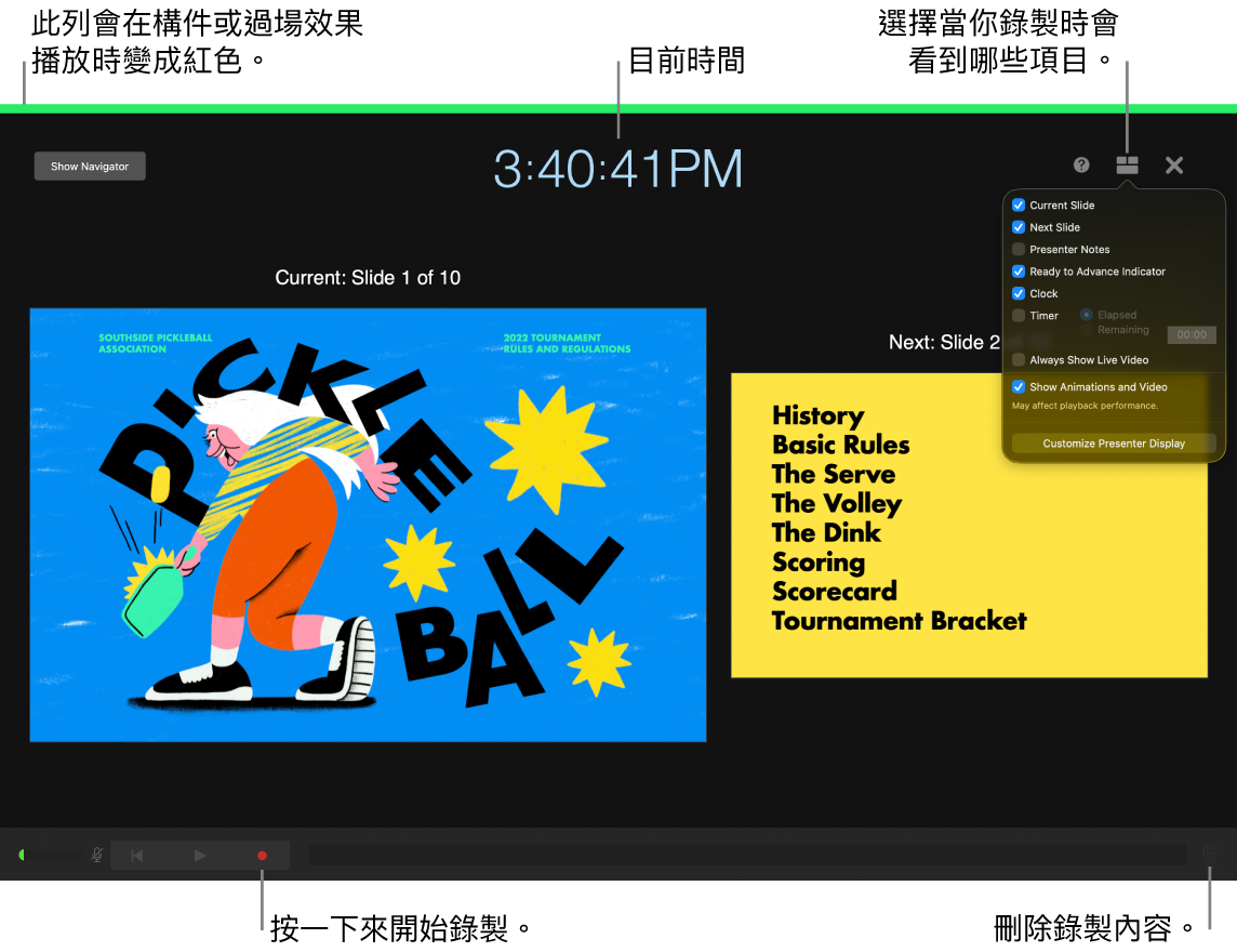 演講者顯示器上的錄音模式螢幕截圖。可檢視目前和下一張投影片、目前時間和演講者顯示控制項目。顯示在螢幕靠近底部，用於開始和結束錄製控制項目，以及用於刪除錄製內容的控制項目。