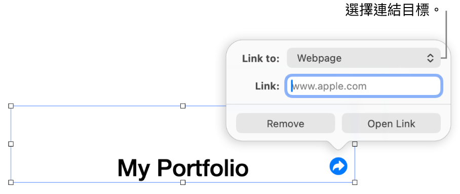 連結編輯器控制項目，其中已選取「網頁」，而「移除」和「開啟連結」按鈕則位於底部。