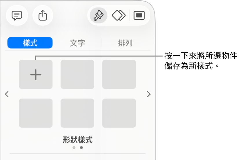 「格式」側邊欄的「樣式」標籤頁帶有一個文字框樣式，右側是「製作樣式」按鈕，以及四個空白的樣式暫存區。