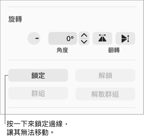 「旋轉」、「鎖定」和「群組」物件控制項目顯示「鎖定」按鈕的說明框。