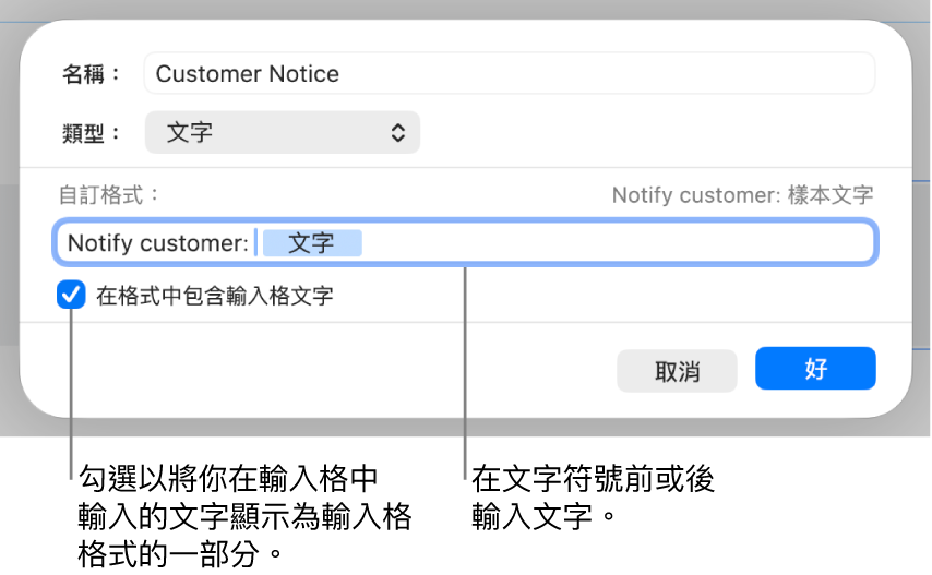 自訂文字輸入格格式。