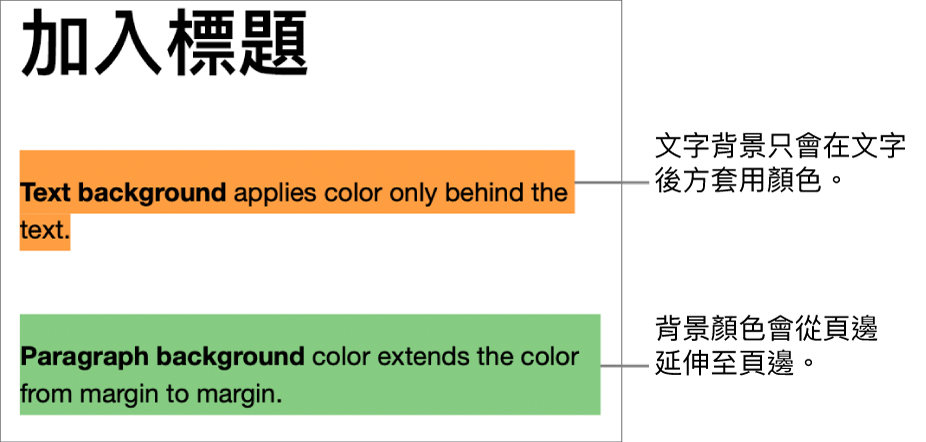 文字後方帶有顏色的一個段落，以及後方帶有顏色的第二個段落，在區塊中從頁邊延伸到頁邊。