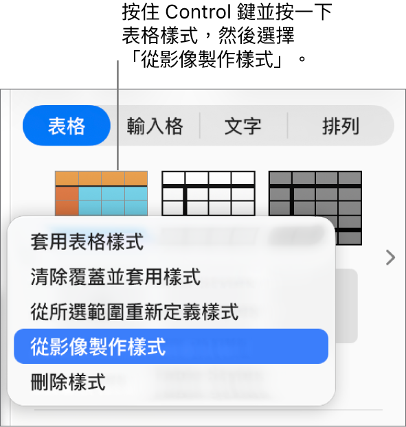 表格樣式的快速鍵選單。