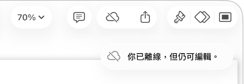 螢幕最上方的按鈕，「合作」按鈕變更為帶有對角線穿過的雲狀。螢幕上的提示顯示「你已離線，但仍可編輯」。