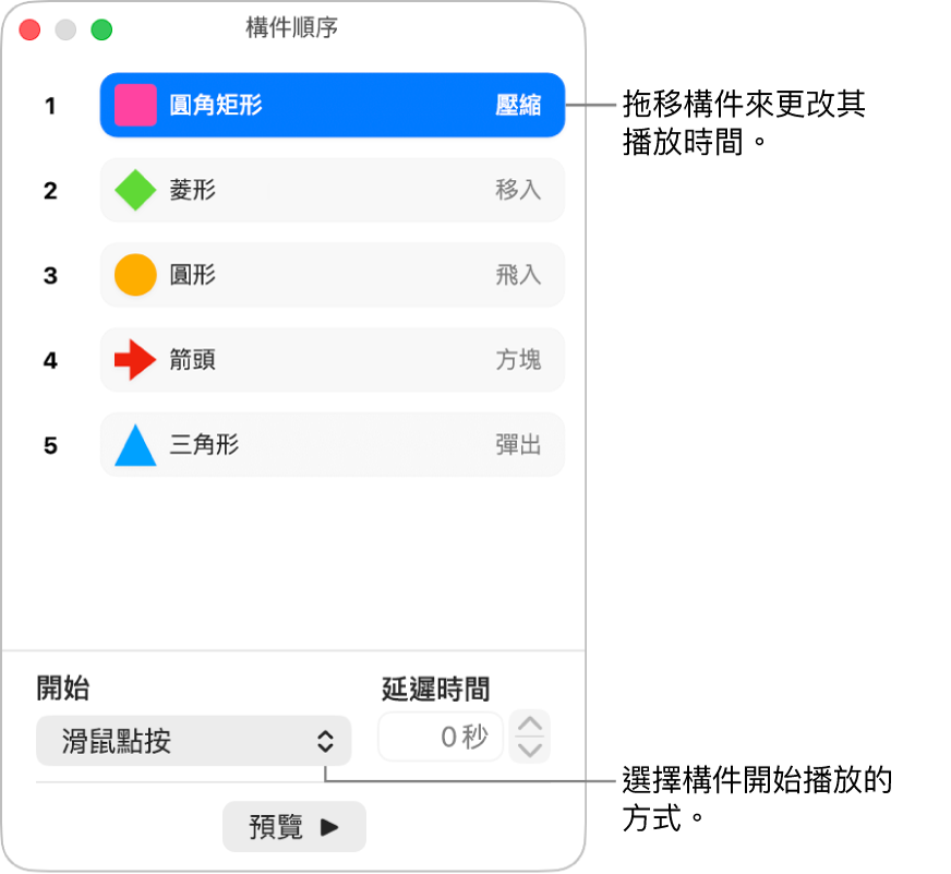 「構件順序」視窗。