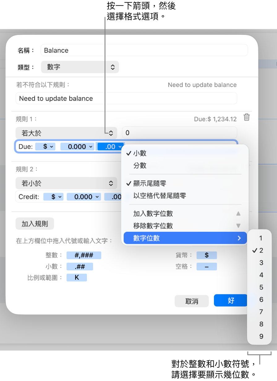 帶有控制項目的自訂輸入格格式視窗，用來製作自訂數字格式。