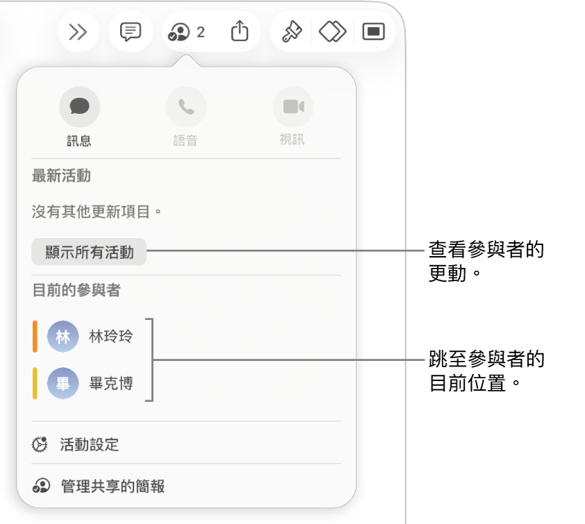 合作選單列出兩名目前的參與者。