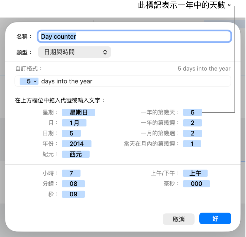 帶有控制項目的自訂輸入格格式視窗，用來製作自訂日期與時間格式。