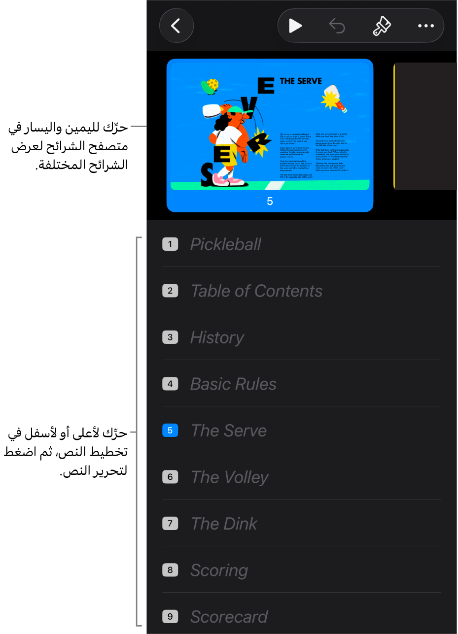 عرض التخطيط وبه متصفح الشرائح الأفقي في الجزء العلوي من الشاشة، والتخطيط النصي في الأسفل.