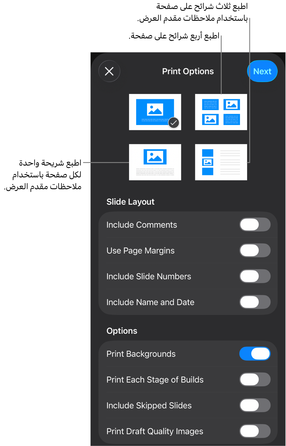 طباعة خيارات التخطيط.
