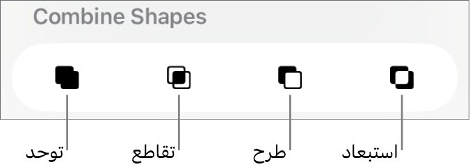 الأزرار توحد، وتقاطع، وطرح، واستبعاد أسفل دمج الأشكال.