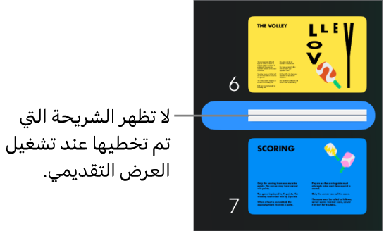متصفح الشرائح مع شريحة مُتخطاة تظهر كخط أفقي.