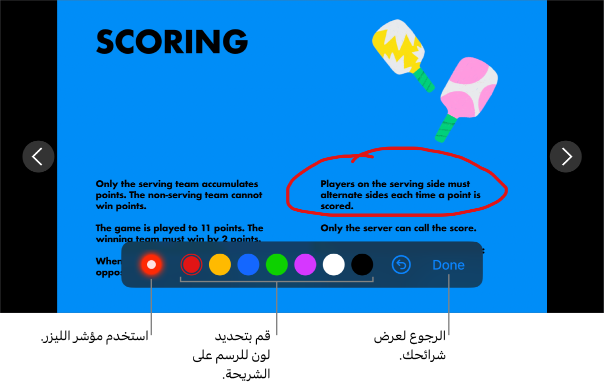 شريحة في وضع التوضيح على الشريحة يظهر بها مؤشر الليزر وعناصر التحكم في تحديد الألوان.