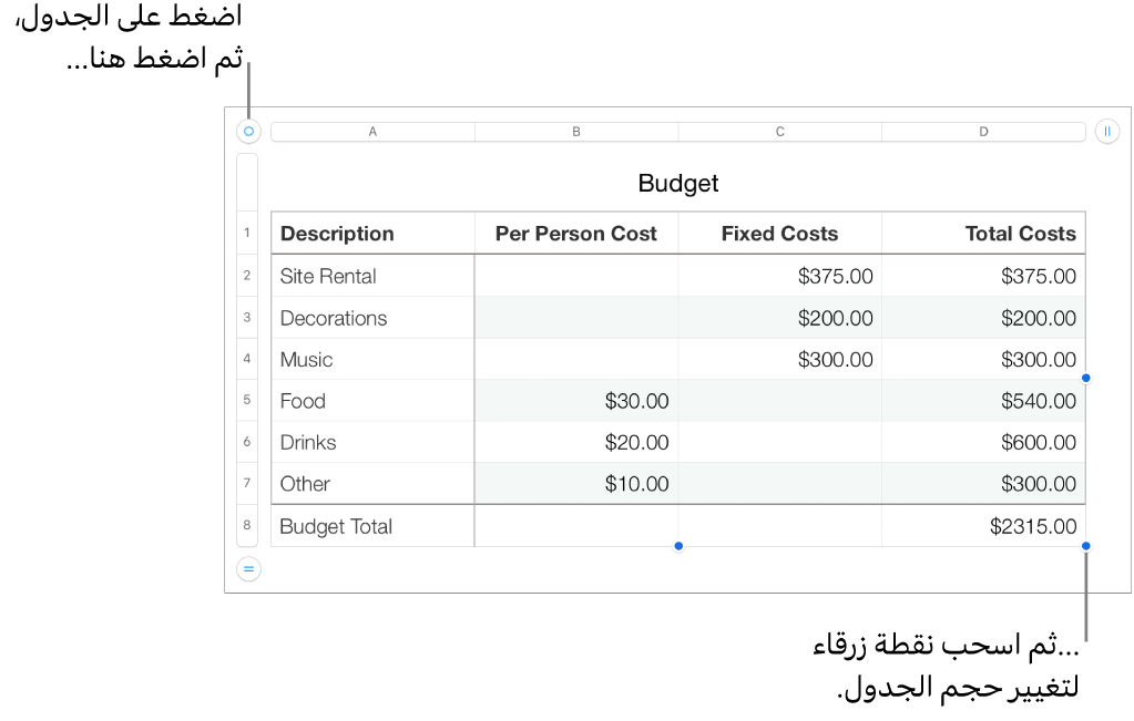 جدول محدد وبه نقاط زرقاء لتغيير الحجم.