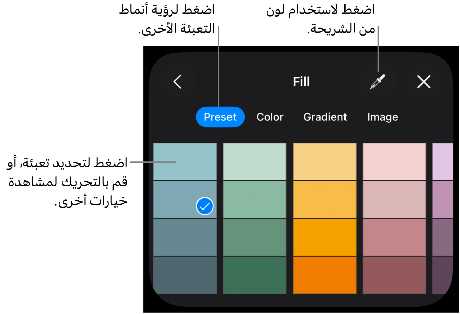 خيارات التعبئة في علامة تبويب النمط.