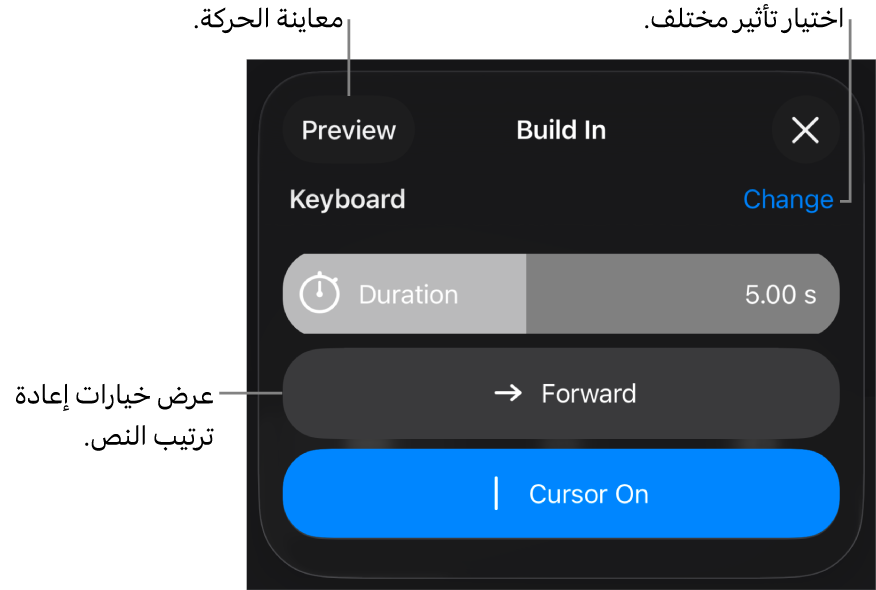 خيارات تأثير الدخول تتضمن المدة وحركة النص والتسليم. اضغط على تغيير لاختيار تأثير مختلف، أو اضغط على معاينة لمعاينة التأثير.