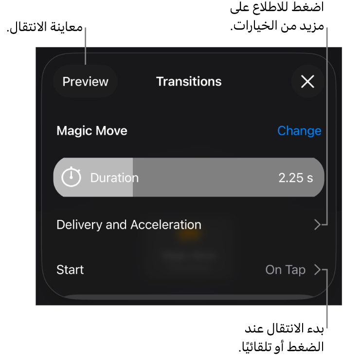 عناصر التحكم في الحركة السحرية في جزء الانتقالات.