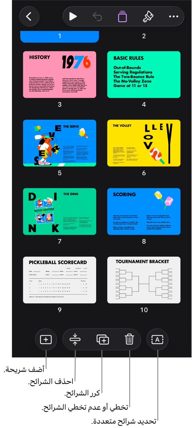 عرض الطاولة الضوئية يعرض أزرارًا في الجزء السفلي من الشاشة لإضافة الشرائح وتخطيها وتكرارها وحذفها ولتحديد عدة شرائح.