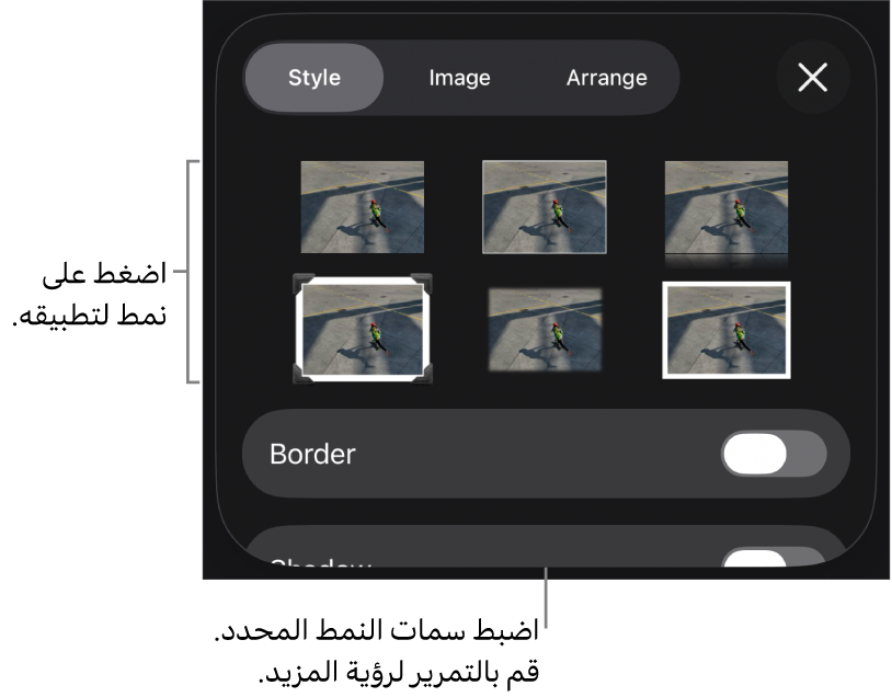 علامة تبويب النمط من قائمة التنسيق مع أنماط الكائنات في الجزء العلوي وعنصر تحكم أدناها لتغيير الحدود.