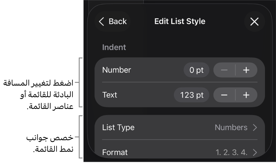 قائمة تعديل نمط القائمة تتضمَّن عناصر تحكم لتعديل نوع القائمة ومظهرها.
