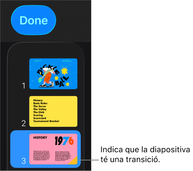 Un triangle groc en una diapositiva indica que aquesta té una transició.