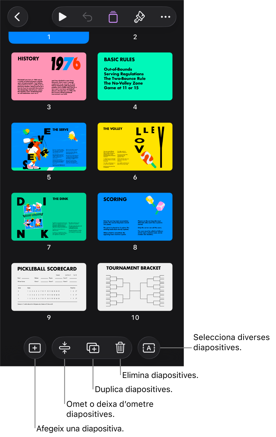 Visualització en taula de llum amb botons a la part inferior de la pantalla per afegir, ometre, duplicar i eliminar diapositives, i per seleccionar diverses diapositives.