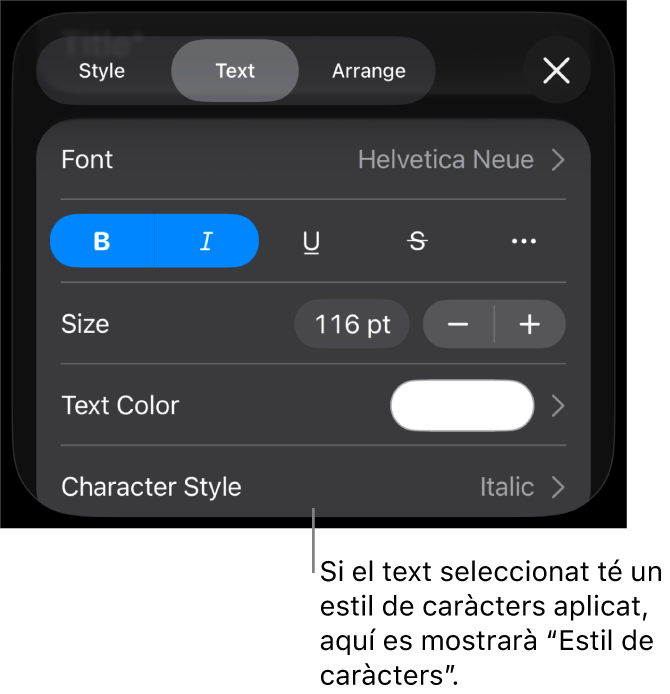 Els controls de format de text amb l’estil de caràcter a sota dels controls de color. L’estil de caràcter Cap amb un asterisc.