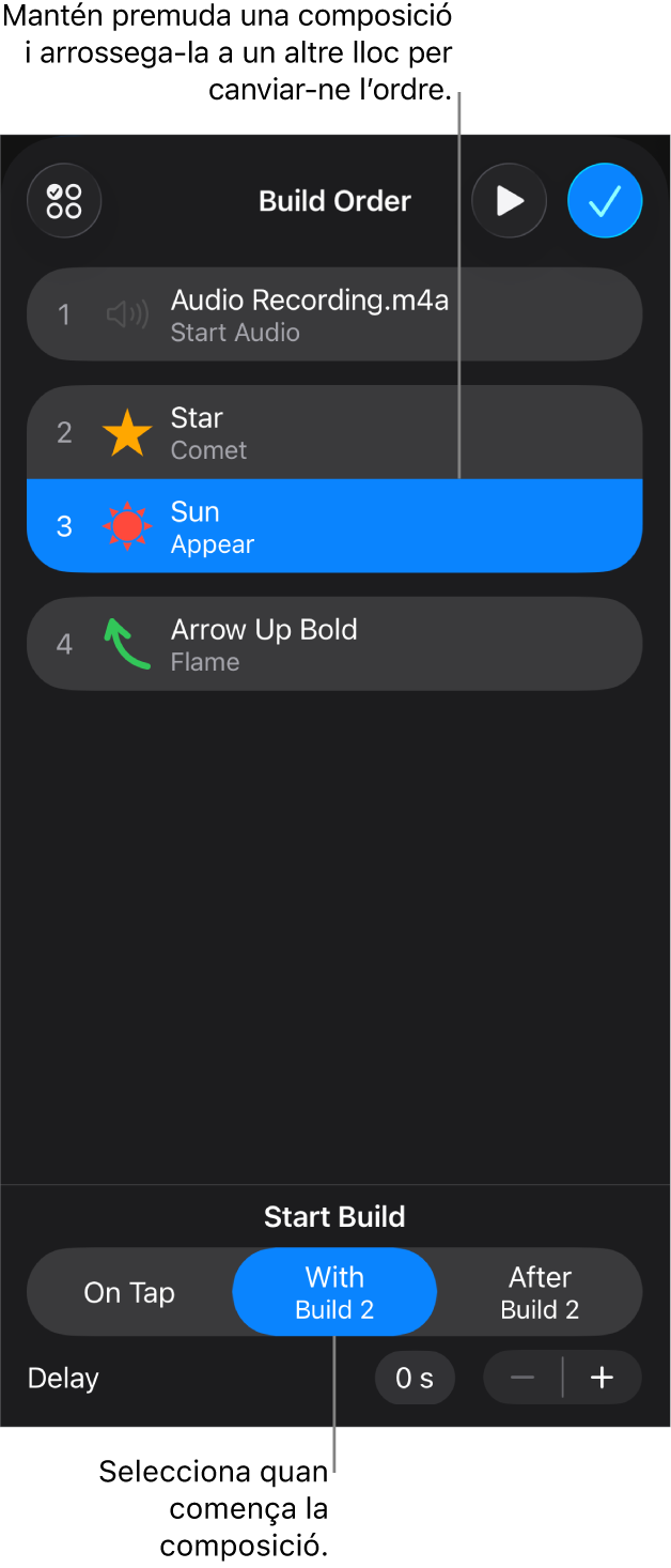 Llista “Ordre de la composició” on es mostren els efectes d’entrada amb distintius grocs i els efectes de sortida amb distintius grisos.