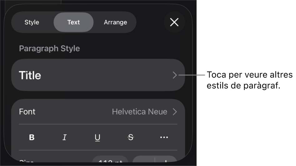 El menú Format amb els controls de text per definir els estils de paràgraf i de caràcter, el tipus de lletra, la mida i el color.