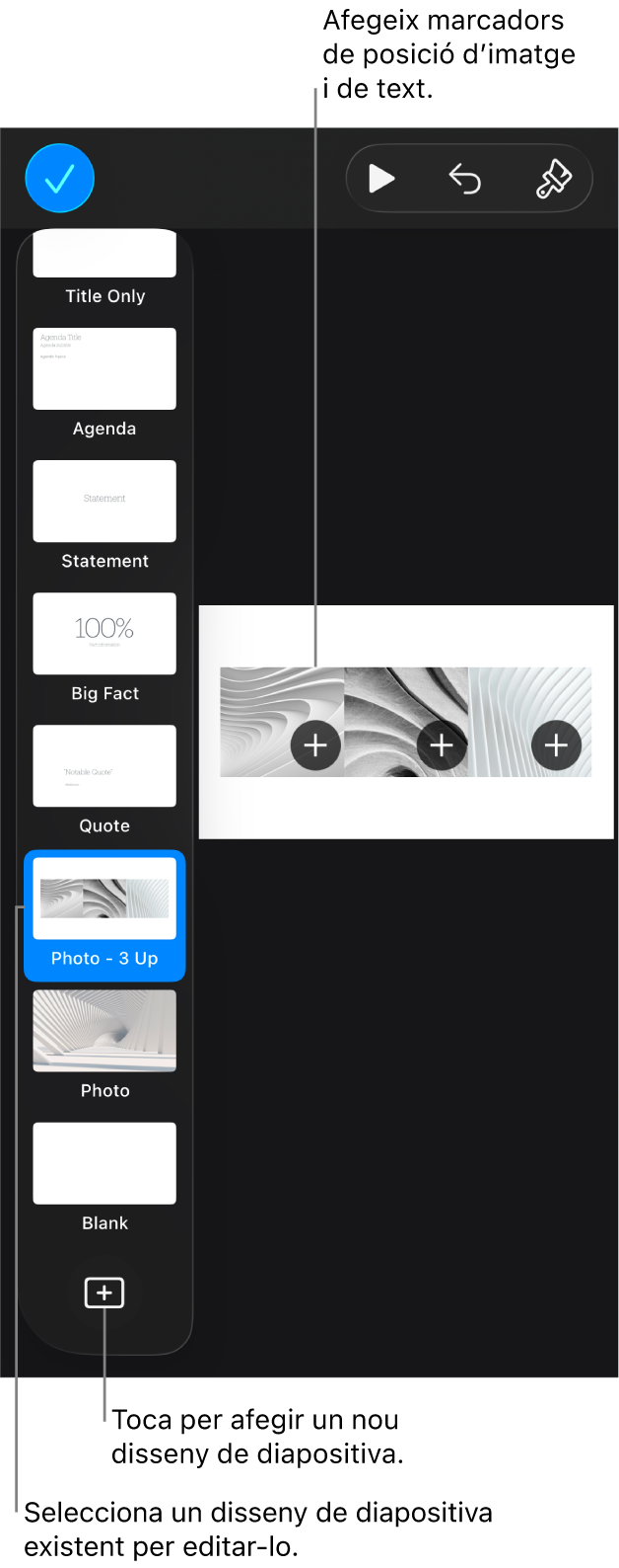 Un disseny de diapositiva mostrat al llenç de la diapositiva, amb el botó “Afegeix un disseny de diapositiva” a la part inferior del navegador de diapositives.