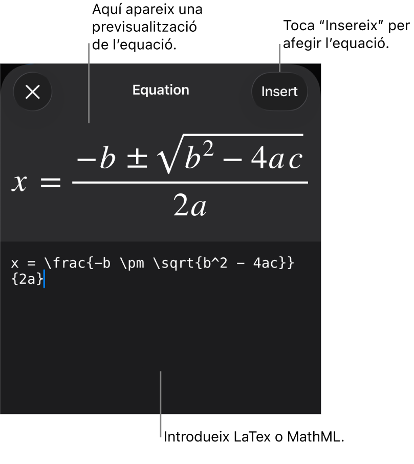 El quadre de diàleg Equació amb una equació escrita amb les ordres MathML i una previsualització de la fórmula al damunt.