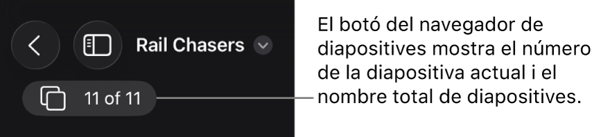 Botó del navegador de diapositives que mostra el número de la diapositiva actual i el nombre total de diapositives que hi ha a la presentació.