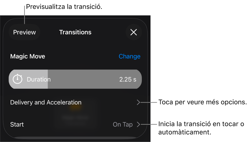 Els controls “Moviment màgic” del tauler Transicions.