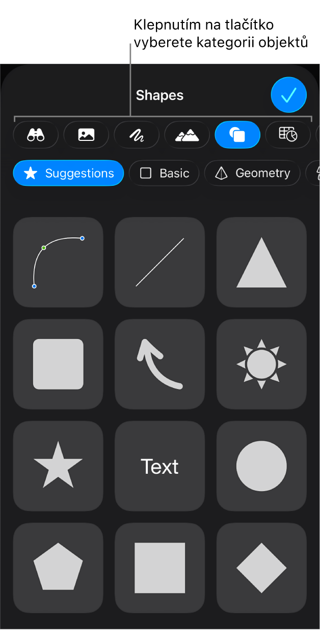 Ovládací prvky pro přidání objektu. V horní části se nacházejí tlačítka sloužící k výběru tabulek, grafů, tvarů (včetně čar a textových rámečků) a médií.