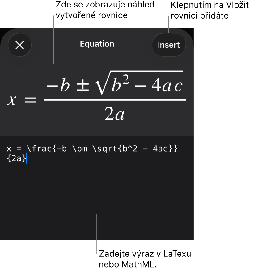 Dialogové okno Rovnice, v němž se zobrazuje zápis rovnice pomocí příkazů jazyka MathML a nad ním náhled výsledného vzorce