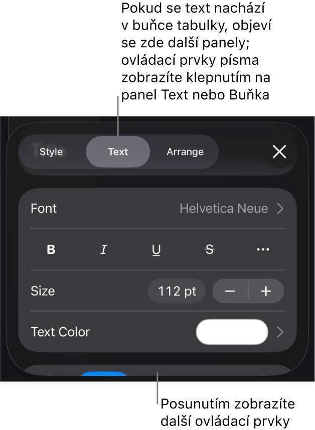 Ovládací prvky pro text v nabídce Formát pro nastavení stylů, písma, velikosti a barvy odstavce a znaků