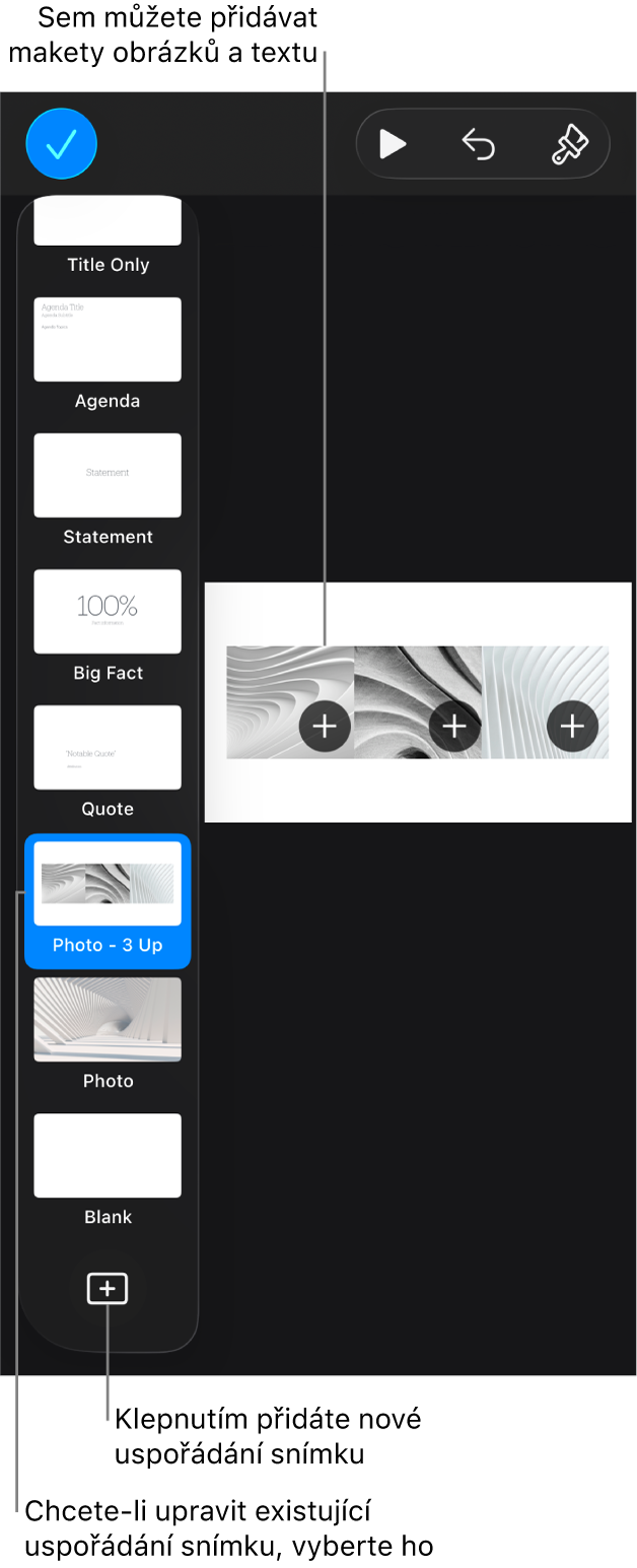 Uspořádání snímku zobrazené na plátně snímku s tlačítkem „Přidat uspořádání snímku“ v dolní části navigátoru snímků