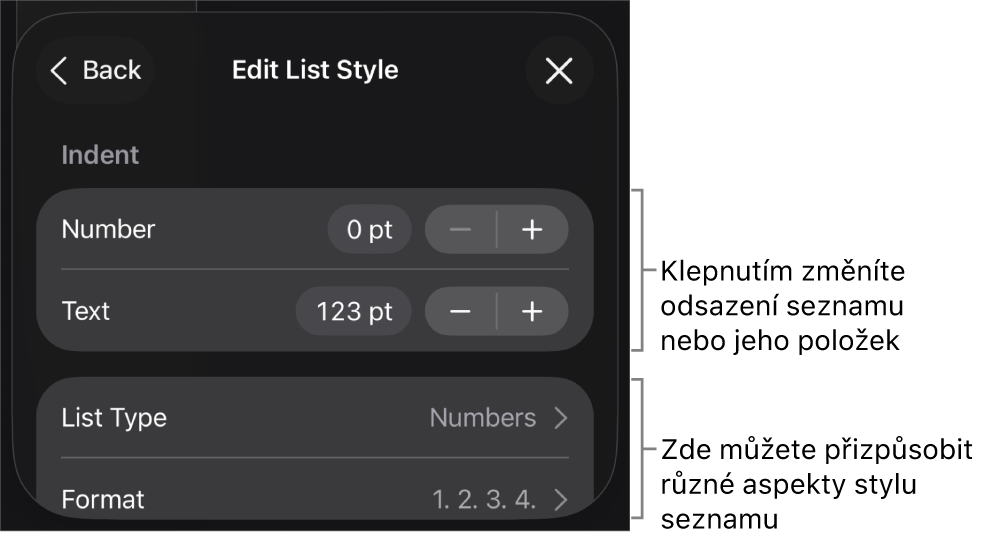 Nabídka „Upravit styl seznamu“ s ovládacími prvky pro úpravu typu a vzhledu seznamu