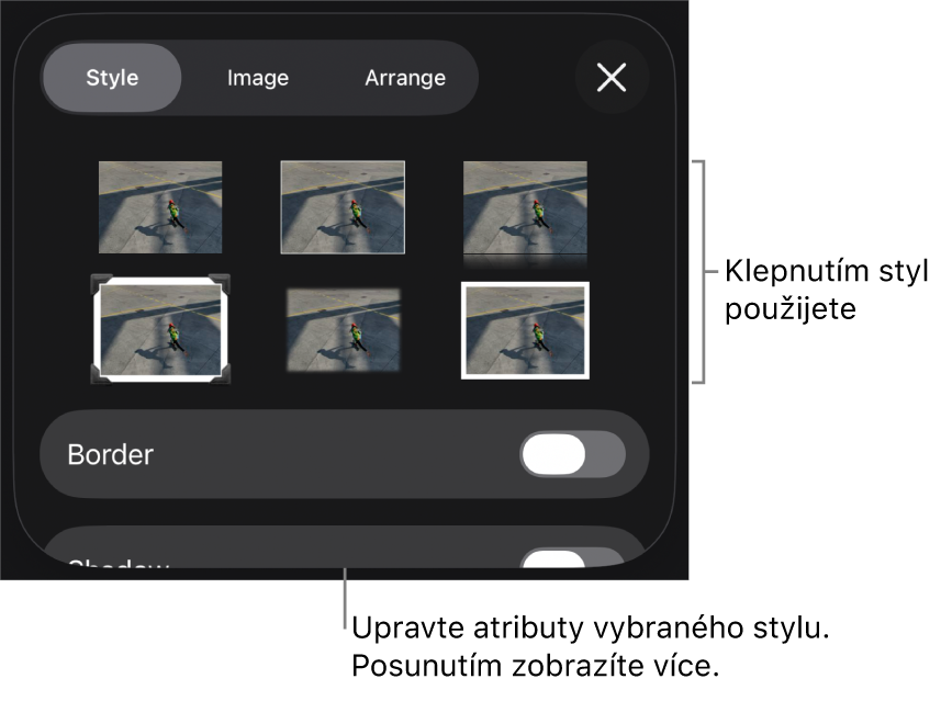 Panel Styl v nabídce Formát se styly objektů u horního okraje. Pod nimi je ovládací prvek pro změnu ohraničení.