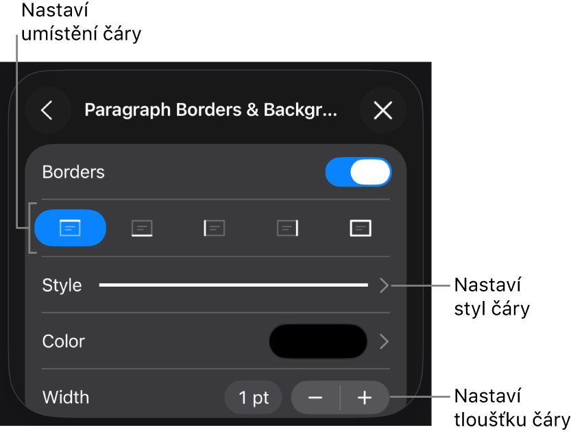 Ovládací prvky pro změnu stylu čáry, její tloušťky, umístění a barvy