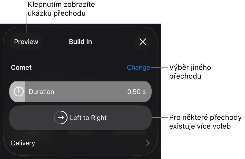 Ovládací prvky pro úpravu přechodu na panelu Volby