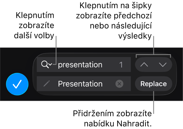 Ovládací prvky hledání a nahrazování nad klávesnicí s popisky u tlačítek Nahradit, Nahoru a Dolů a také šipkou, která zobrazí Volby hledání.