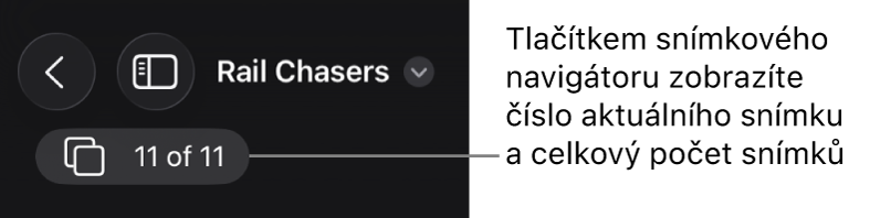 Tlačítko navigátoru snímků zobrazující číslo aktuálního snímku a celkový počet snímků v prezentaci