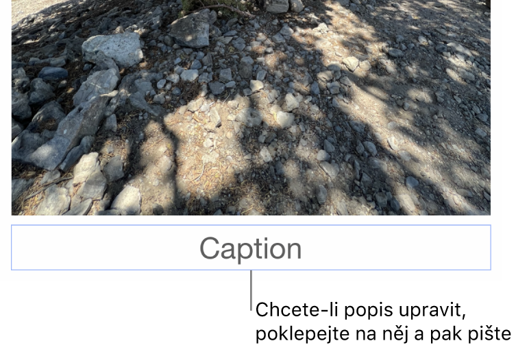 Pod fotkou se nachází maketa titulku s názvem „Titulek“; pole titulku je zvýrazněné modrým obrysem