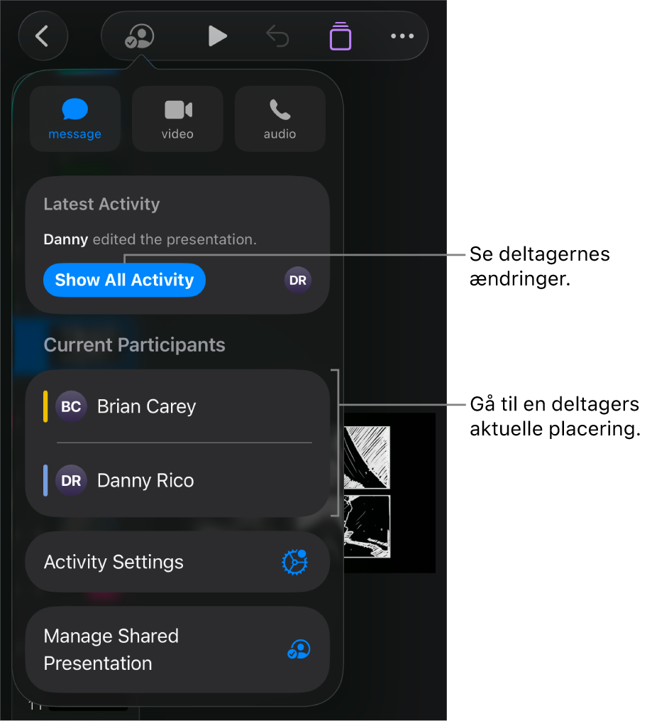 Samarbejdsmenuen, hvor aktuelle deltagere er angivet.