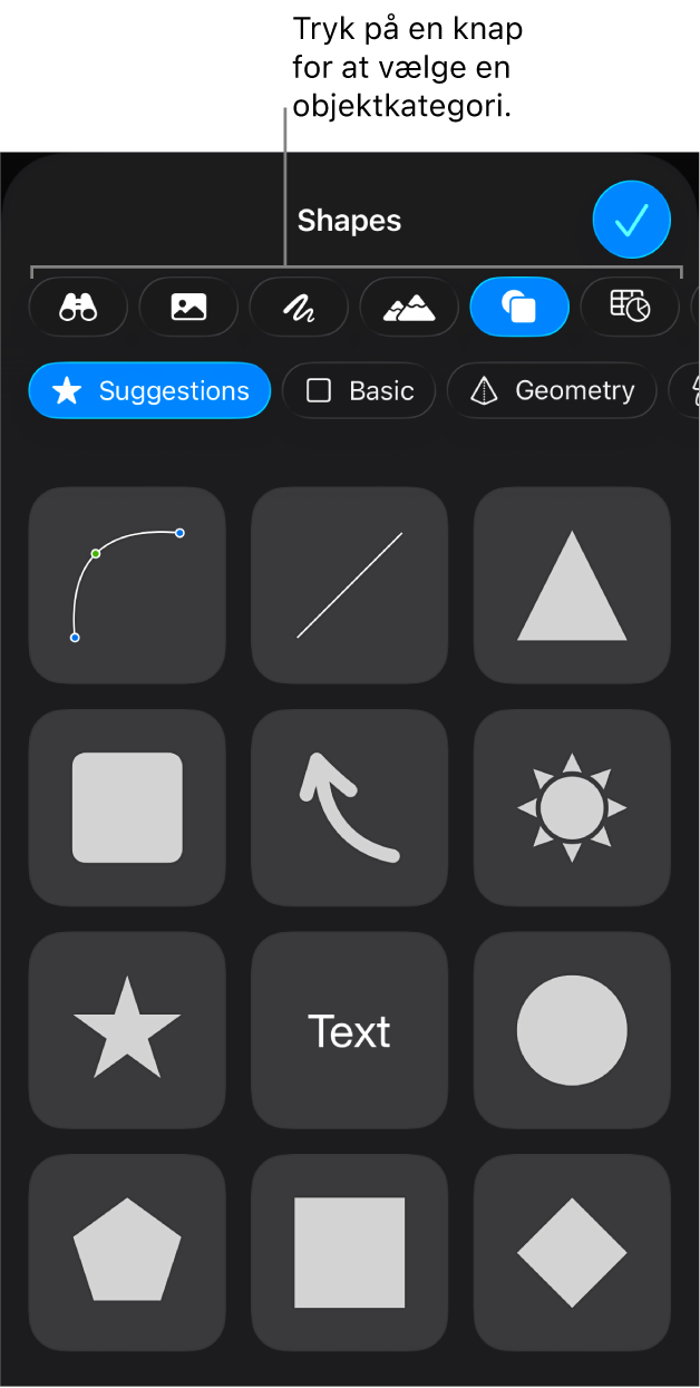 Betjeningsmulighederne til tilføjelse af et objekt med knapper øverst til valg af tabeller, diagrammer, figurer (herunder streger og tekstfelter) og medier.