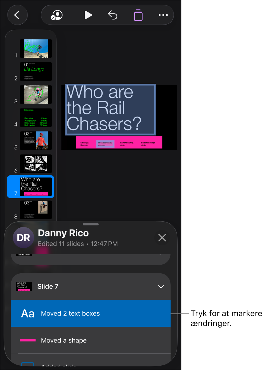 En samarbejdspræsentation, hvor både menuen Samarbejde og aktivitetslisten er åbne.