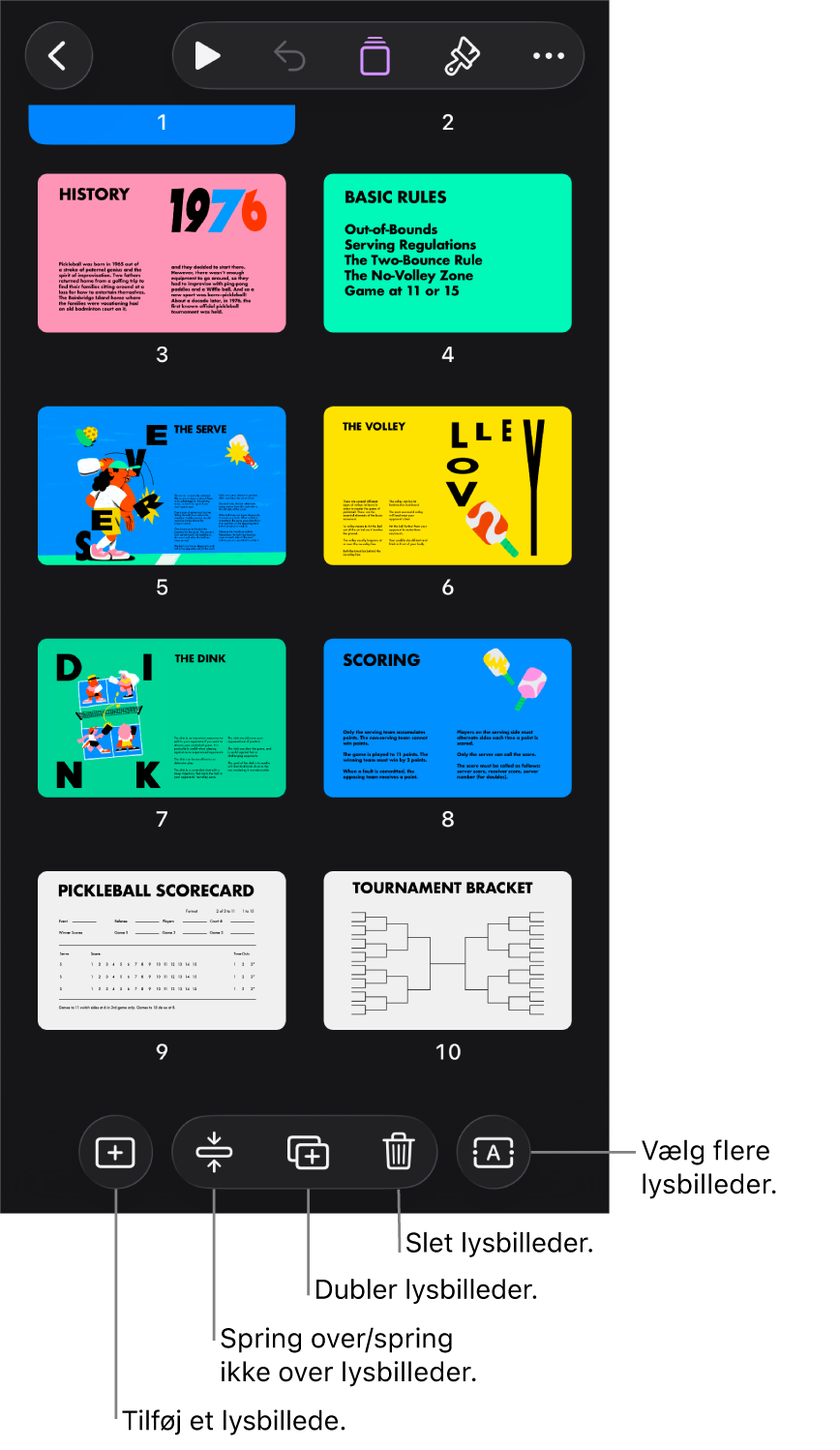 Lysbordsoversigt med knapper nederst på skærmen til at tilføje lysbilleder, springe over lysbilleder, dublere og slette lysbilleder og til at vælge flere lysbilleder.