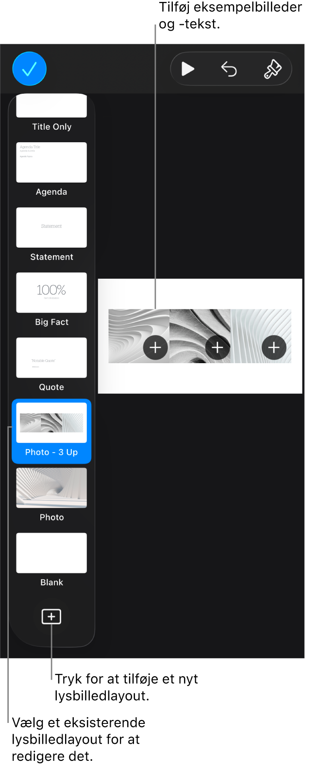 Et lysbilledlayout vises på lysbilledlærredet med knappen Tilføj lysbilledlayout nederst i lysbillednavigatoren.
