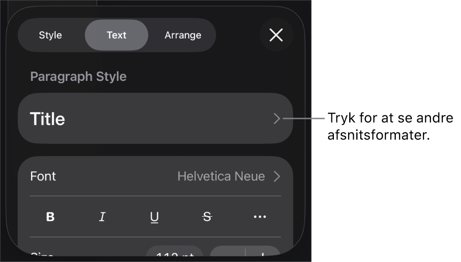 Menuen Format, der viser betjeningsmuligheder til tekst til indstilling af afsnits- og tegnformater, skrift, størrelse og farve.